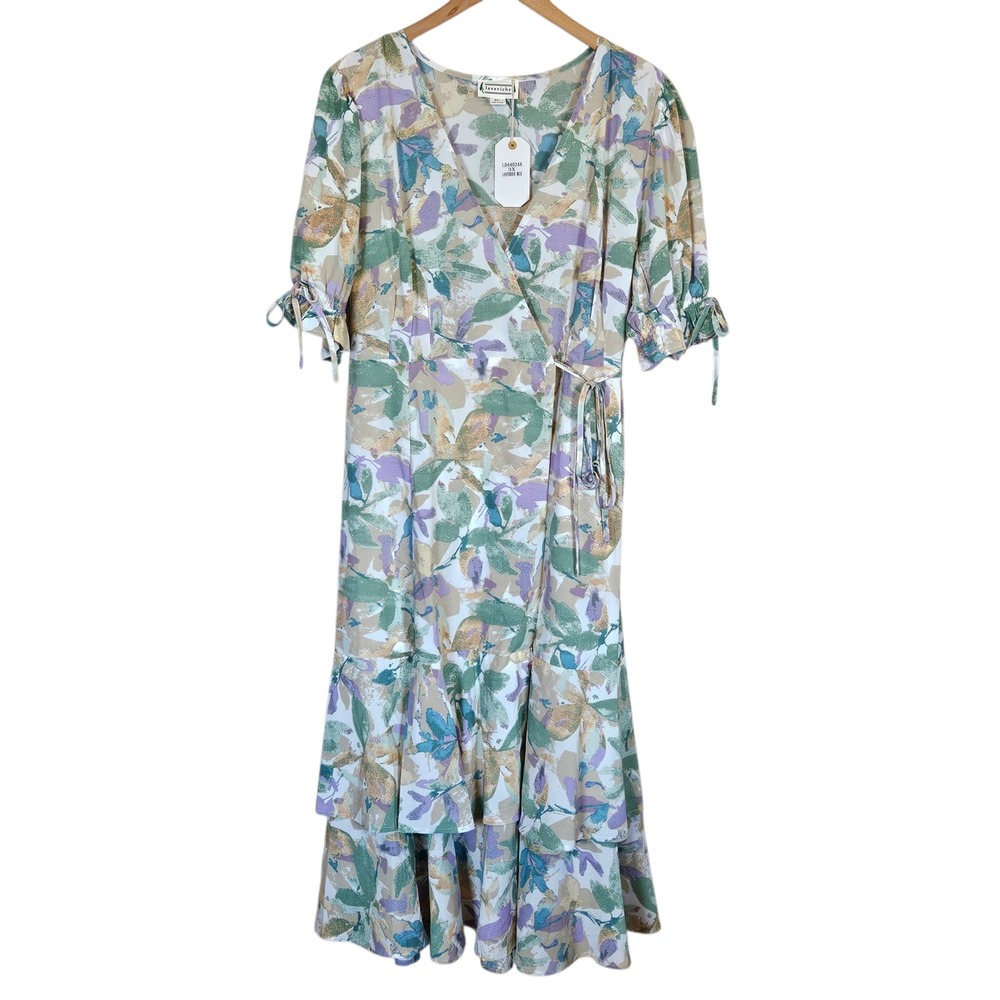 Loveriche Lavender Mix Floral Wrap Dress Tiered Ruffle Hem Plus Size 3X Boho